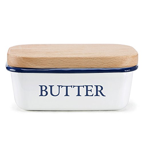 Plato de mantequilla SveBake - Barco de mantequilla de esmalte con tapa de madera de haya, blanco