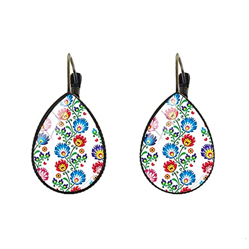 Polaco Arte Folk Patrones Pendiente Flor de Cristal Foto Lágrima Gota de Agua Clip Pendientes Mano Artesanía Mujeres Joyería