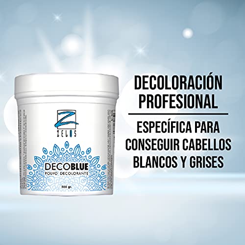 Polvo Decolorante Azul - 500gr - Cabellos Grises y Blancos - Decoloración de Uso Profesional - Suave Aroma a Polvo de Talco - ZELOS DECOBLUE