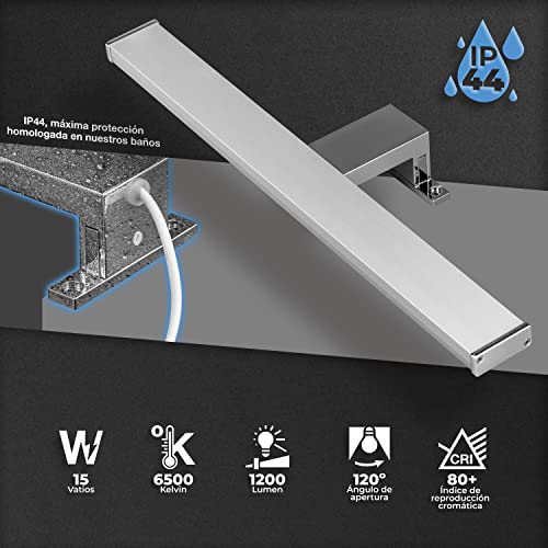 POPP- Lámpara Aplique de Espejo Baño LED 78CM 220V 8W 12W 15W Prueba de Agua IP44 Aluminio Cromado y PC Luz blanca Neutra 4000K Fría 6000K (15W 1200Lm, 6000K)