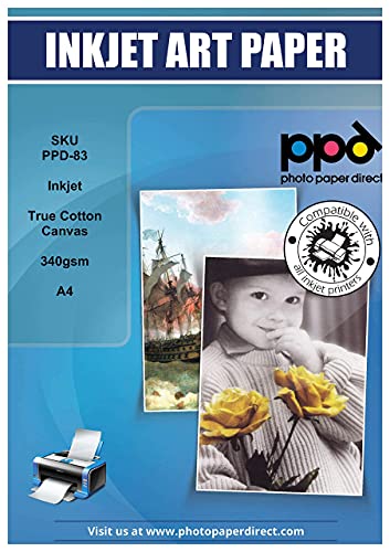 PPD Inkjet - A4 x 50 Hojas de Papel Fotográfico de Lienzo Canvas Imprimible 340 g/m² - 100% Algodón - Lienzo de Arte Personalizable - Para Todas Impresoras de Inyección de Tinta - PPD-83-50