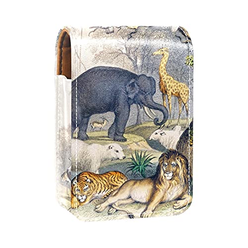 Prairie Animal Giraffe Elephant Tiger Lion Prints Lipstick Case Mini Lipstick Holder Organizer Bag with Mirror for Purse Travel Cosmetic Pouch