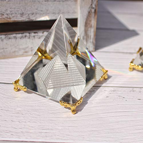 Prisma pirámide de cristal, Feng Shui Crafts Meditación Cristal con soporte de oro para decoración de arte en casa, oficina, soporte para prosperidad, energía positiva y buena suerte