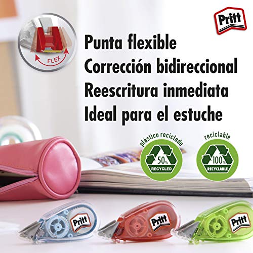 Pritt Micro Rolli, correctores de bolígrafo para tapar errores, cintas correctoras que no dejan manchas, corrector escolar en azul, verde y rosa, 2 (5mm x 6m)