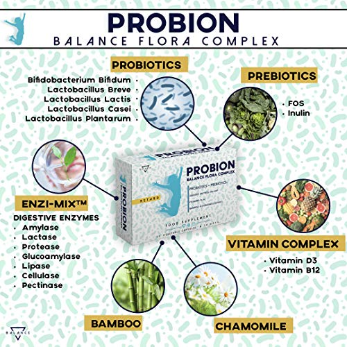 PROBION® | Probioticos Intestinales | Probioticos y Prebioticos | 40 Mil Millones UFC | + Enzimas Digestivas + Vitaminas + Bambú y Manzanilla contra los gases intestinales | 30 cps gastrorresistentes