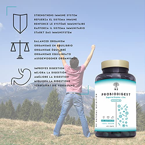 Probioticos intestinales. Probioticos y Prebioticos, Enzimas digestivas y Zinc. 60 Billones UFC 30 Cepas. Lactasa. lactobacillus. Sistema digestivo e inmune. 90 cápsulas CE N2 Natural Nutrition