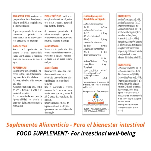 PROLACTON PLUS Probioticos y Prebioticos Intestinales + Enzimas Digestivas + Vitamina C – Salud de la flora intestinal – Lactobacillus y Bifidobacterias Bromelina Amilasa y Lipasa - 15 Capsulas