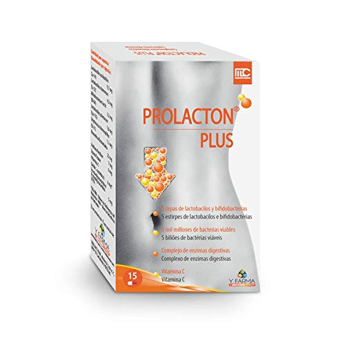 PROLACTON PLUS Probioticos y Prebioticos Intestinales + Enzimas Digestivas + Vitamina C – Salud de la flora intestinal – Lactobacillus y Bifidobacterias Bromelina Amilasa y Lipasa - 15 Capsulas