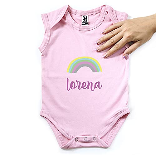 PROMO SHOP Body Bebé Personalizado con Nombre e elegir · Regalos Bebes recien nacidos Originales · Diseño Arco Iris · Color Rosa · Talla 3 Meses