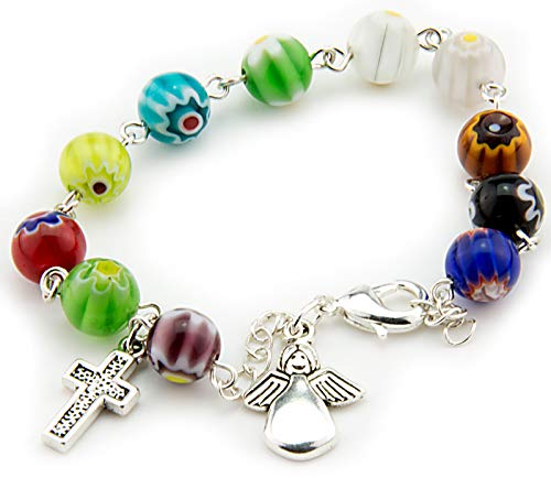 Pulsera Angel de la Guarda con 10 Bolas Cristal Murano de 8 mm, Cruz, Angelito y Bolsa de Algodon con Imágenes de la Virgen María. Decenario Angel de la Guarda