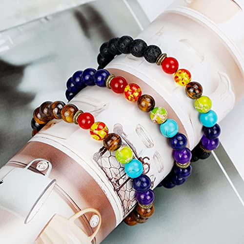 Pulsera de Los 7 Chakras 2 Piezas para Mujer Hombre, Pulsera Natural Cuentas 8mm, Pulsera Piedras Naturales Lava, Pulseras Elásticas Yoga