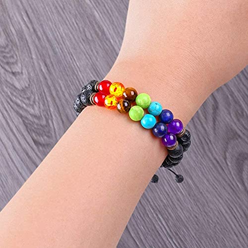 Pulsera de Los 7 Chakras 2 Piezas para Mujer Hombre, Pulsera Natural Cuentas 8mm, Pulsera Piedras Naturales Lava, Pulseras Elásticas Yoga