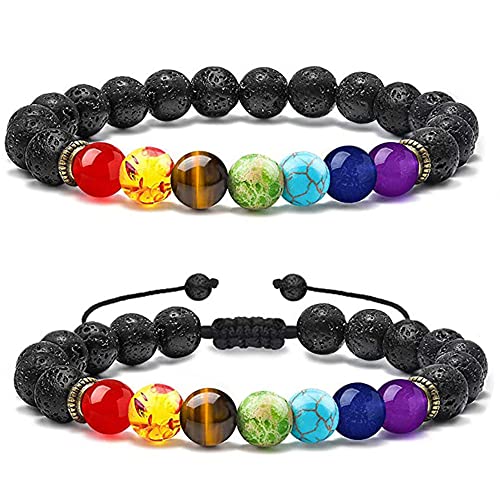 Pulsera de Los 7 Chakras 2 Piezas para Mujer Hombre, Pulsera Natural Cuentas 8mm, Pulsera Piedras Naturales Lava, Pulseras Elásticas Yoga