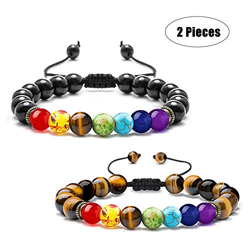 Pulsera de Piedra Cuenta 7 Chakra, 2 Piezas Pulseras de Chakra Curativo, Pulsera de Ansiedad, 7 Chakras de Piedras Pulsera, para Hombres y Mujeres Pulseras Joyería para Llevar Regalos Cumpleaños