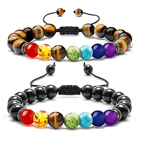 Pulsera de Piedra Cuenta 7 Chakra, 2 Piezas Pulseras de Chakra Curativo, Pulsera de Ansiedad, 7 Chakras de Piedras Pulsera, para Hombres y Mujeres Pulseras Joyería para Llevar Regalos Cumpleaños