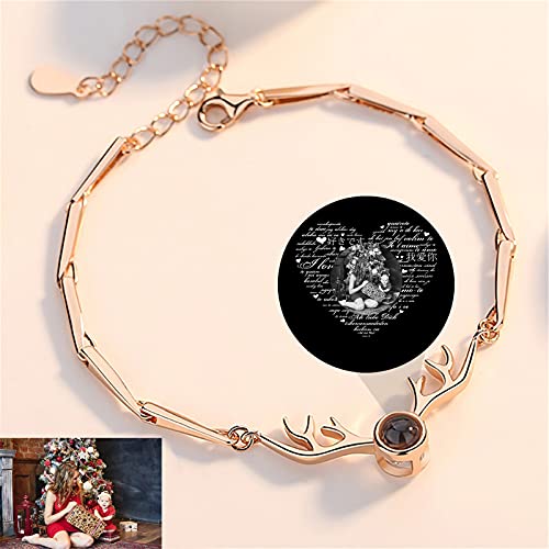 Pulsera de proyección personalizada 100 idiomas I LOVE YOU Pulsera Pulsera de foto Brazalete de memoria Navidad para mujer(Oro rosa Blanco y negro)