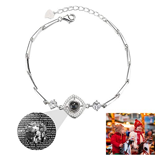 Pulsera de proyección personalizada Pulsera de foto personalizada Pulsera de promesa geométrica 100 idiomas TE AMO Brazalete(Plata Blanco y negro)