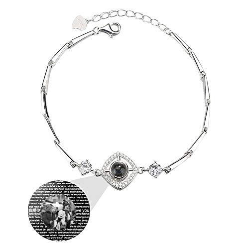 Pulsera de proyección personalizada Pulsera de foto personalizada Pulsera de promesa geométrica 100 idiomas TE AMO Brazalete(Plata Blanco y negro)