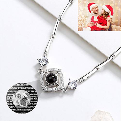 Pulsera de proyección personalizada Pulsera de foto personalizada Pulsera de promesa geométrica 100 idiomas TE AMO Brazalete(Plata Blanco y negro)