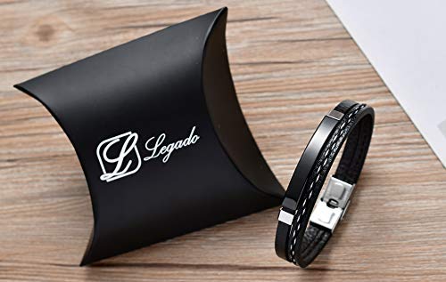 Pulsera hombre mujer Legado, en cuero pu y acero inoxidable, brazalete vikingo chico negra combinable con anillo pendiente collar colgante o tobillera muñequera tipo, personalizable (BLACK 19,5)