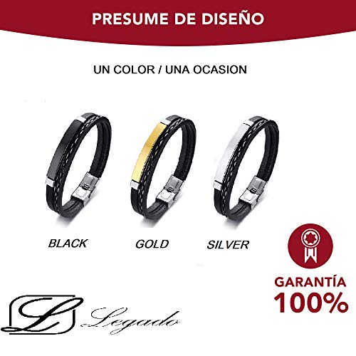 Pulsera hombre mujer Legado, en cuero pu y acero inoxidable, brazalete vikingo chico negra combinable con anillo pendiente collar colgante o tobillera muñequera tipo, personalizable (BLACK 19,5)