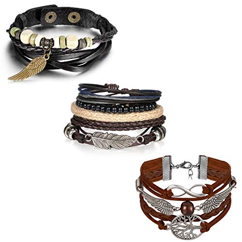 Pulsera Hombre Piel Juego de 3 Pcs Punk Rock Estilo Vintage Vida Árbol Alas de ángel Pluma Pulseras Aleación Color Marrón Plata Negro