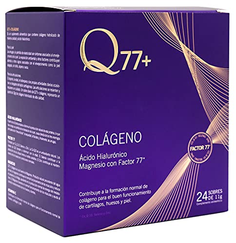Q77+ COLÁGENO - Colágeno con Magnesio, Ácido Hialurónico, Zinc, Factor 77* y Vitaminas A, C, K - Suplemento Antienvejecimiento - Antiarrugas - Ideal Pelo, Uñas, Articulaciones y Huesos - 24 Sobres