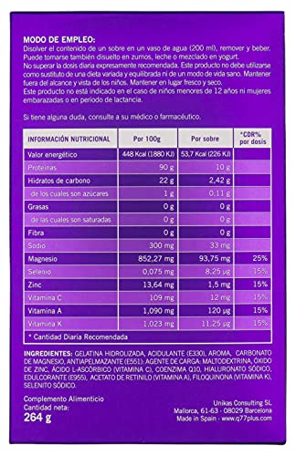 Q77+ COLÁGENO - Colágeno con Magnesio, Ácido Hialurónico, Zinc, Factor 77* y Vitaminas A, C, K - Suplemento Antienvejecimiento - Antiarrugas - Ideal Pelo, Uñas, Articulaciones y Huesos - 24 Sobres