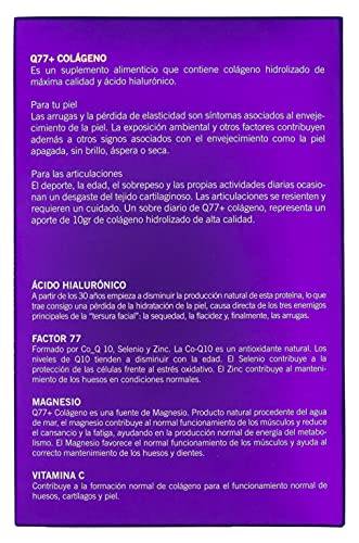 Q77+ COLÁGENO - Colágeno con Magnesio, Ácido Hialurónico, Zinc, Factor 77* y Vitaminas A, C, K - Suplemento Antienvejecimiento - Antiarrugas - Ideal Pelo, Uñas, Articulaciones y Huesos - 24 Sobres