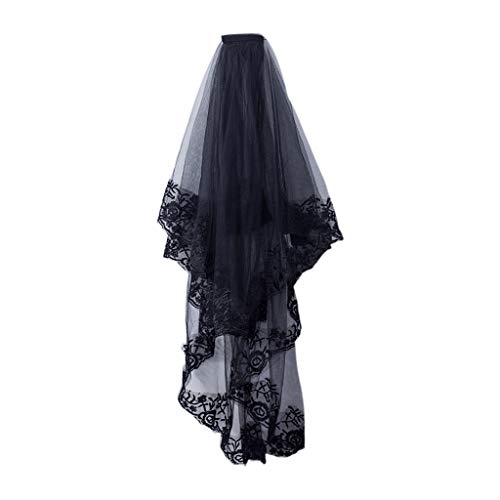 QERMULA, 2 Niveles, Disfraz de Cosplay de Halloween para Mujer, Mantilla Negra, Velo de Novia Bordado, Encaje Floral, Tul Transparente, Accesorios para el Cabello con Peine, Velo de Novia Negro