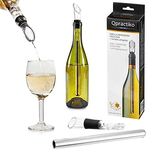 Qpractiko Q011 Varilla enfriadora + vertedor Anti Goteo Vino/Cava, Acero Inoxidable, Cristal