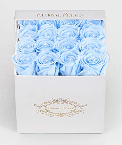 Real Roses That Last A Year - White Velvet Box with Swarovski Crystals (Light Blue)