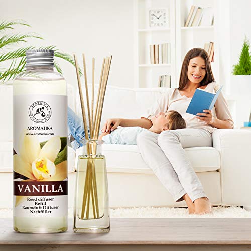Recambio de Difusor Vainilla 200 ml - Aceite Esencial Puro & Natural Vainilla - Aroma de Intensas y Duraderas - 0% Alcohol - para Aromatizar el Aire en Cuartos - Baños - Hogares - Difusor Aroma