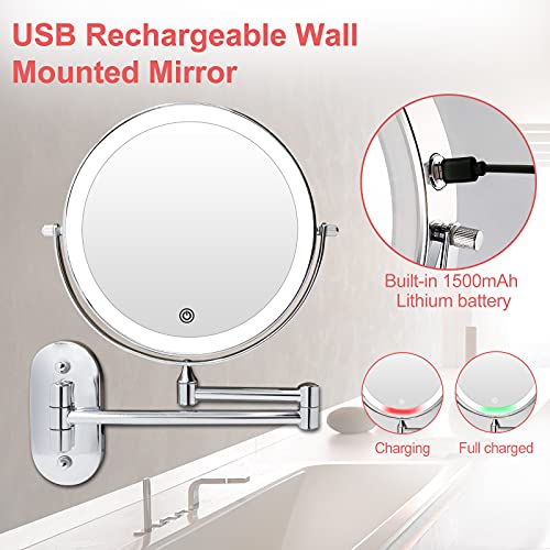 Recargable Espejo Maquillaje con Luz Aumento 1X / 10X, 8 Pulgad Baño de Pared Espejo Maquillaje con Regulable 3 Color Luces, Doble Cara Espejo Baño con 360 Rotación para Baño, Hotel (Plata)