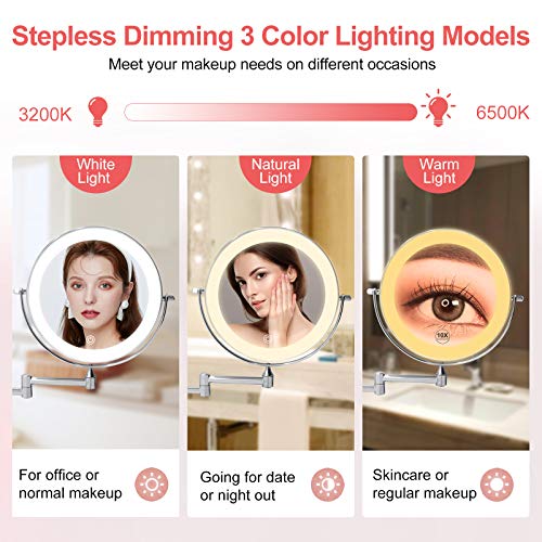 Recargable Espejo Maquillaje con Luz Aumento 1X / 10X, 8 Pulgad Baño de Pared Espejo Maquillaje con Regulable 3 Color Luces, Doble Cara Espejo Baño con 360 Rotación para Baño, Hotel (Plata)