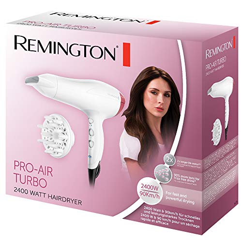 Remington Secador de Pelo Pro-Air Turbo - Iónico, Concentrador y Difusor, 3 Temperaturas, 2 Velocidades, 2400 W, Blanco - D5226