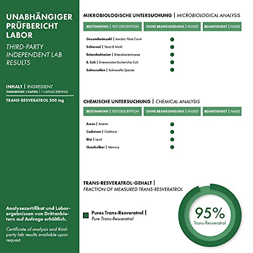 Resveratrol (60 cápsulas de 500mg) - 98% Extracto de raíz de Fallopia Japonica - Producción alemana - 100% Vegano y sin aditivos - incl. ebook"Anti-Stress"