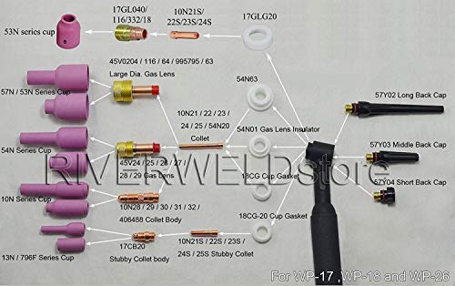 RIVERWELD TIG Copa de cerámica para lente de gas 54N16#6 (D9.5 x 42 mm) para antorcha de soldadura TIG WP 17 18 26 Series en Lincoln Miller ESAB Weldcraft CK Everlast 10 unidades