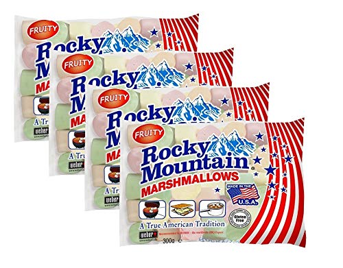 Rocky Mountain Marshmallows Fruity paquete de 4x300g, dulces tradicionales americanos para asar en la hoguera, a la parrilla o al horno, 4x300g