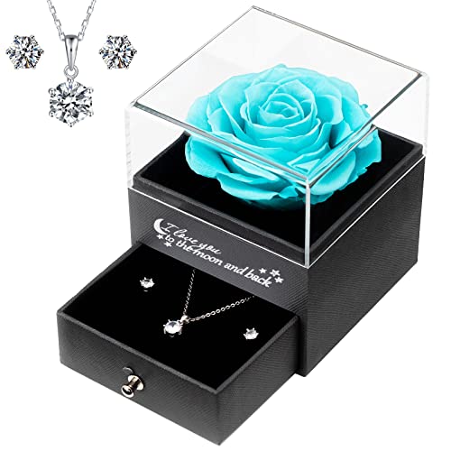 Rosa real conservada con collar y pendientes en una caja de regalo, flor rosa, regalo romántico para el Día de la Madre, San Valentín, aniversario, cumpleaños, regalo para mujeres, azul Tiffany