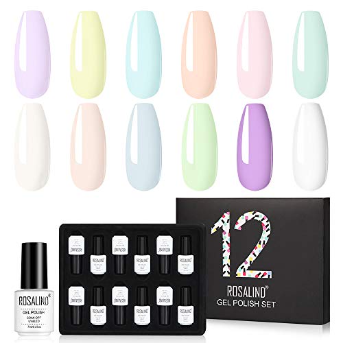 ROSALIND Esmaltes Semipermanentes Pastel, Nude Blanco Rosa Naranja Azul Lila Verde Colore Dulces de Verano Colección Pintauñas Semipermanente Uñas Gel UV LED para Verano Viaje y Carnaval 7ml 12pcs