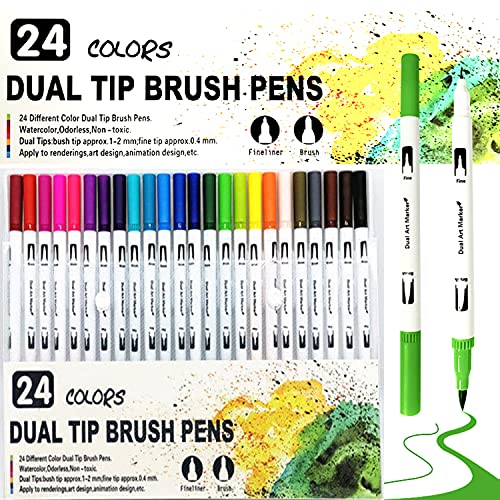 Rotuladores Lettering, 24 Colores Rotuladores Doble Punta Pincel Rotulador Doble Punta, Dual Tip Brush Pen para Caligrafía, Lettering, Bocetos, Punta Pincel para Dibujo