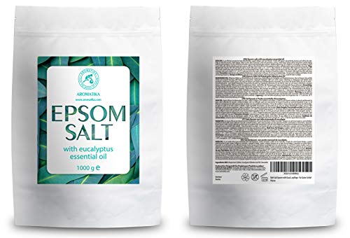 Sal Epsom Baño con Aceite Esencial Eucalipto 1kg - Cristales de Sulfato de Magnesio para Aliviar el Dolor Muscular - Sales de Baño Relajantes - Cuidado de Piel - Muscular - Buen Sueño - Sal Inglesa