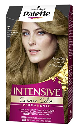 Schwarzkopf Palette Intensive Creme Color – Tono 7 cabello Rubio Medio - Coloración Permanente de Cuidado con Aceite de Marula – Óptima cobertura de canas – Color duradero hasta 8 semanas