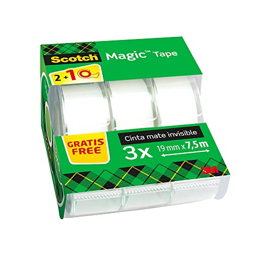 Scotch Magic Cinta Adhesiva Invisible - 2 Rollos de 19mm x 7,5m + 1 GRATIS - Cinta Adhesiva de Uso General para Reparación, Etiquetado y Sellado de Paquetes y Documentos