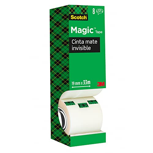 Scotch Magic Cinta Adhesiva Invisible - Caja de 8 Rollos de 19mm x 33m - Cinta Adhesiva de Uso General para Reparación, Etiquetado y Sellado de Paquetes y Documentos