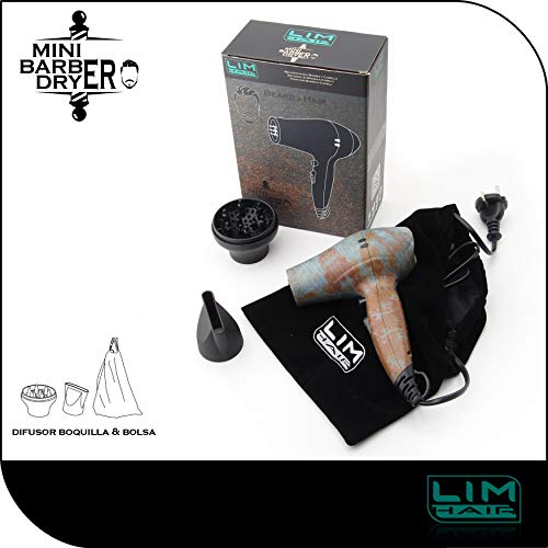 Secador barba y cabello LIM HAIR MINI BARBER DRYER. Diseñado con función secado barba y secado cabello. Diseño óxído. 1200 W. Tamaño mini. Apto para viaje, gimnasio. Boquilla, difusor y bolsa viaje.