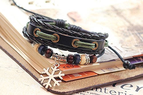 Secreto del invierno copo de nieve colgante mano de cuero negro trenzado aleación cuentas de madera ajustable Wrap pulsera