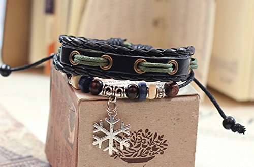 Secreto del invierno copo de nieve colgante mano de cuero negro trenzado aleación cuentas de madera ajustable Wrap pulsera