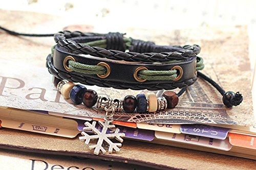 Secreto del invierno copo de nieve colgante mano de cuero negro trenzado aleación cuentas de madera ajustable Wrap pulsera